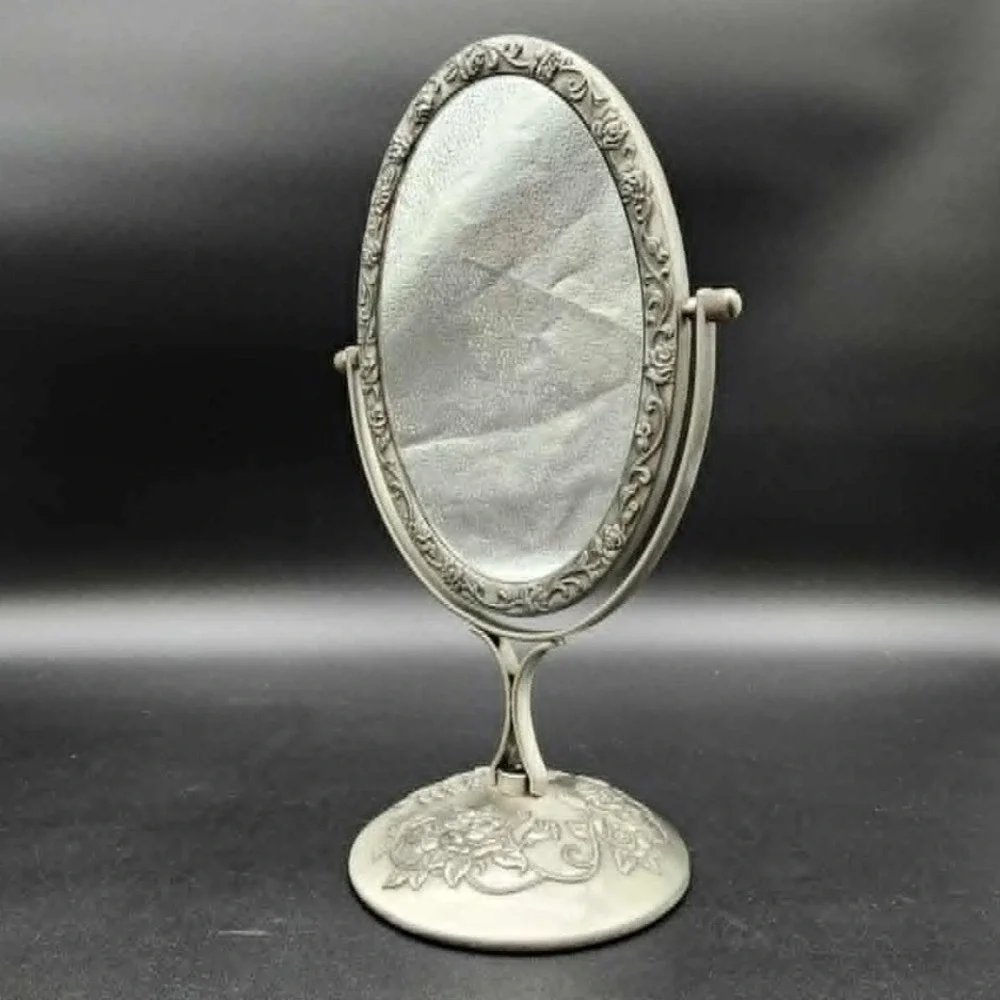 Unbranded‎ Vintage Floral Rose Oval Swivel Vanity Mirror Pewter Silver Tabletop